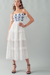 FLORAL EMBROIDERED TASSEL TIE RUFFLE DRESS