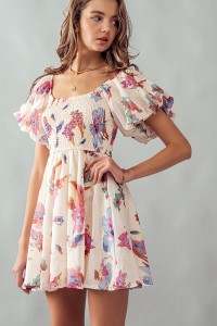 ALL OVER FLORAL RUFFLED MINI DRESS
