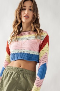 MULTICOLOR STRIPED POINTELLE KNIT SWEATER CROP TOP