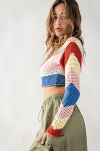 MULTICOLOR STRIPED POINTELLE KNIT SWEATER CROP TOP
