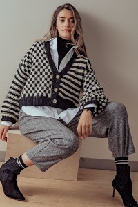 CHECKERED AND STRIPED BOXY FIT CARDIGAN