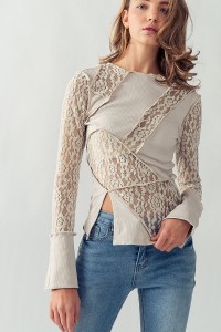 SHEER FLORAL LACE RIB CONTRAST TOP