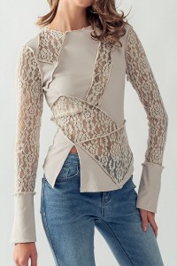 SHEER FLORAL LACE RIB CONTRAST TOP