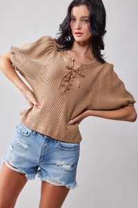 LACE TIE WAFFLE KNIT TOP
