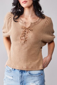 LACE TIE WAFFLE KNIT TOP