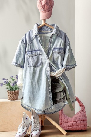 0120-0128<br/>SNAP BUTTON WASHED DENIM OVERSIZED SHIRT