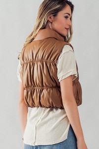 STAND COLLAR CROPPED LEATHER PUFFER VEST