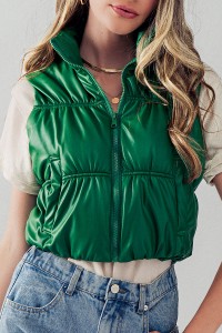 STAND COLLAR CROPPED LEATHER PUFFER VEST