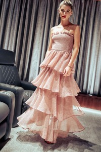 STRAPLESS RUFFLED TIERED LACE DRESS