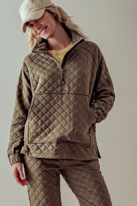 QUARTER ZIP UP QUILTED PULLOVER SWEATER