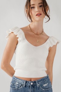 SOLID RIBBED KNIT RUFFLED SHOULDER SLEEVE TOP