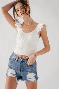 SOLID RIBBED KNIT RUFFLED SHOULDER SLEEVE TOP