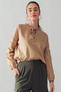 LACED DETAIL TASSEL FRONT PEASANT BLOUSE
