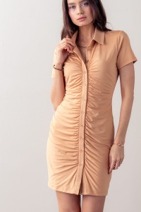 RUCHED BUTTON DOWN COLLARED SHORT SLEEVE DRESS