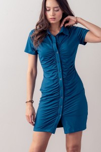 RUCHED BUTTON DOWN COLLARED SHORT SLEEVE DRESS