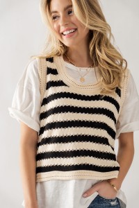 STRIPED PUNCHED DETAIL KNIT SWEATER VEST