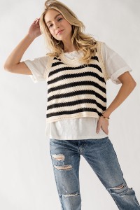 STRIPED PUNCHED DETAIL KNIT SWEATER VEST