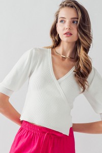 CHER V NECK PUFF SLEEVE TIE FRONT TOP