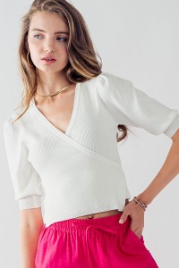 CHER V NECK PUFF SLEEVE TIE FRONT TOP