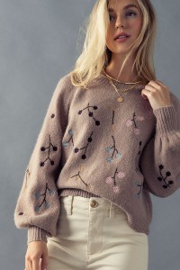 TREE BRANCH EMBROIDERY DESIGN PUFF SLEEVE SWEATER