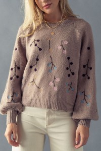 TREE BRANCH EMBROIDERY DESIGN PUFF SLEEVE SWEATER
