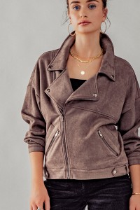 DOUBLE BREASTED ZIP UP SUEDE LEATHER JACKET