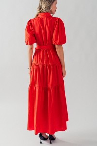 ELSIE TIRED BELTED SHIRT MAXI DRESS WITH PUFF SLEEVE
