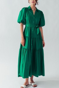ELSIE TIRED BELTED SHIRT MAXI DRESS WITH PUFF SLEEVE