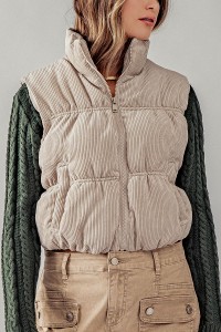 STAND COLLAR CROPPED CORDUROY PUFFER VEST