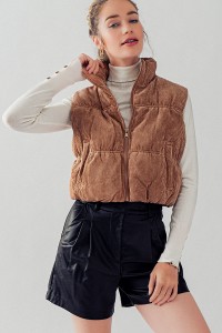 STAND COLLAR CROPPED CORDUROY PUFFER VEST