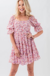 FLORAL SMOCKED PUFF SLEEVE RUFFLE DRESS
