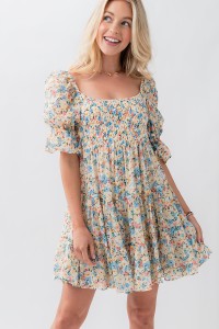 FLORAL SMOCKED PUFF SLEEVE RUFFLE DRESS