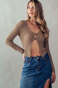 TWO BUTTON OPEN FRONT RIB SWEATER TOP