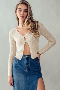 TWO BUTTON OPEN FRONT RIB SWEATER TOP