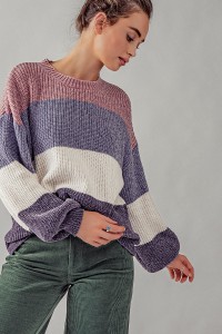 SOFT BALLOON SLEEVE COLOR BLOCK KNIT SWEATER