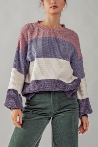 SOFT BALLOON SLEEVE COLOR BLOCK KNIT SWEATER