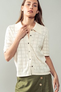 CHECKERED HOLLOW OUT KNIT POLO SHIRT