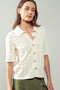 CHECKERED HOLLOW OUT KNIT POLO SHIRT