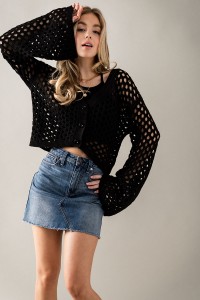 HOLLOW OUT FISHNET CROP KNIT CARDIGAN