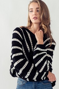 STRIPED POINTELLE LONG-SLEEVE TOP