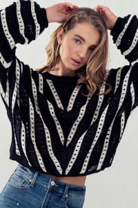 STRIPED POINTELLE LONG-SLEEVE TOP