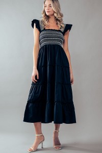 CONTRAST EMBROIDERY TIERED MIDI DRESS