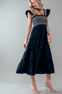 CONTRAST EMBROIDERY TIERED MIDI DRESS