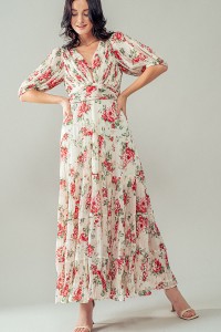 PLEATED TIERED FLORAL MAXI DRESS