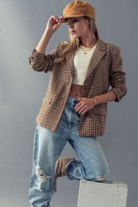 CASUAL CASUAL HOUNDSTOOTH PATTERN LAPEL COLLAR BLAZER