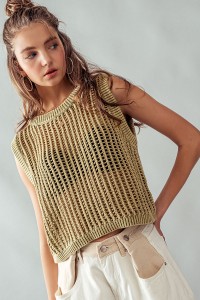 MINERAL WASH HOLLOW OUT CROCHET TOP