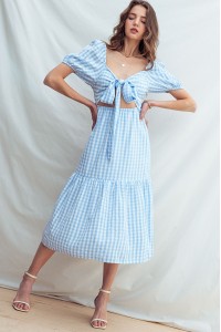 CHECKERED KNOTTED FRONT TIERED DRESS