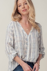 MULTI PRINT BUTTON UP PUFF SLEEVE BLOUSE