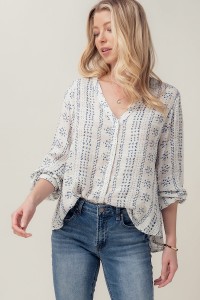 MULTI PRINT BUTTON UP PUFF SLEEVE BLOUSE