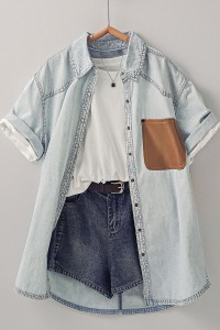 SHORT SLEEVE DENIM SHIRT COLLARED BUTTON DOWN JACKET WITH LEATHER POCKETS